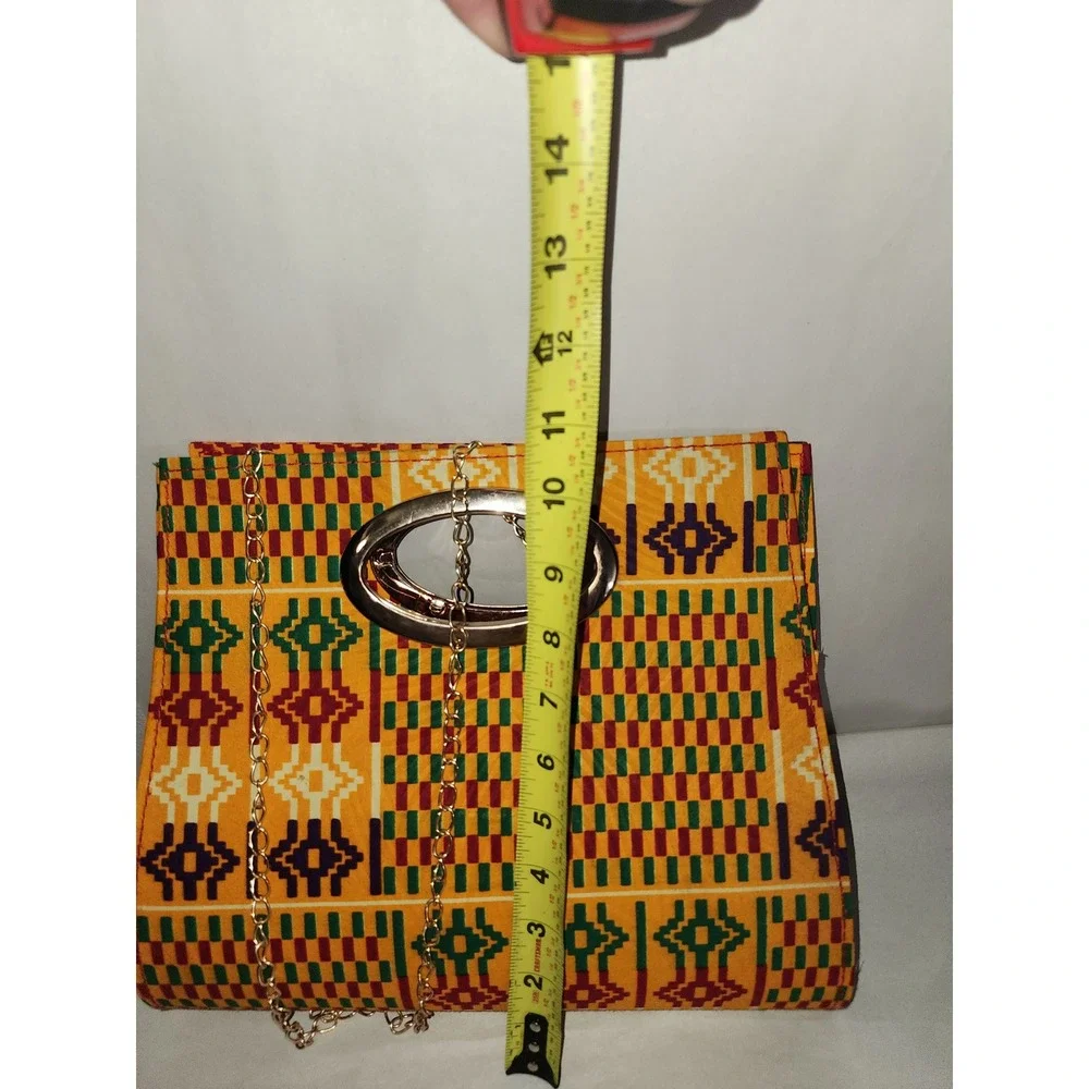 Kente Print Handbag Yellow Geometric Gold Metal Handle Crossbody Chain Strap